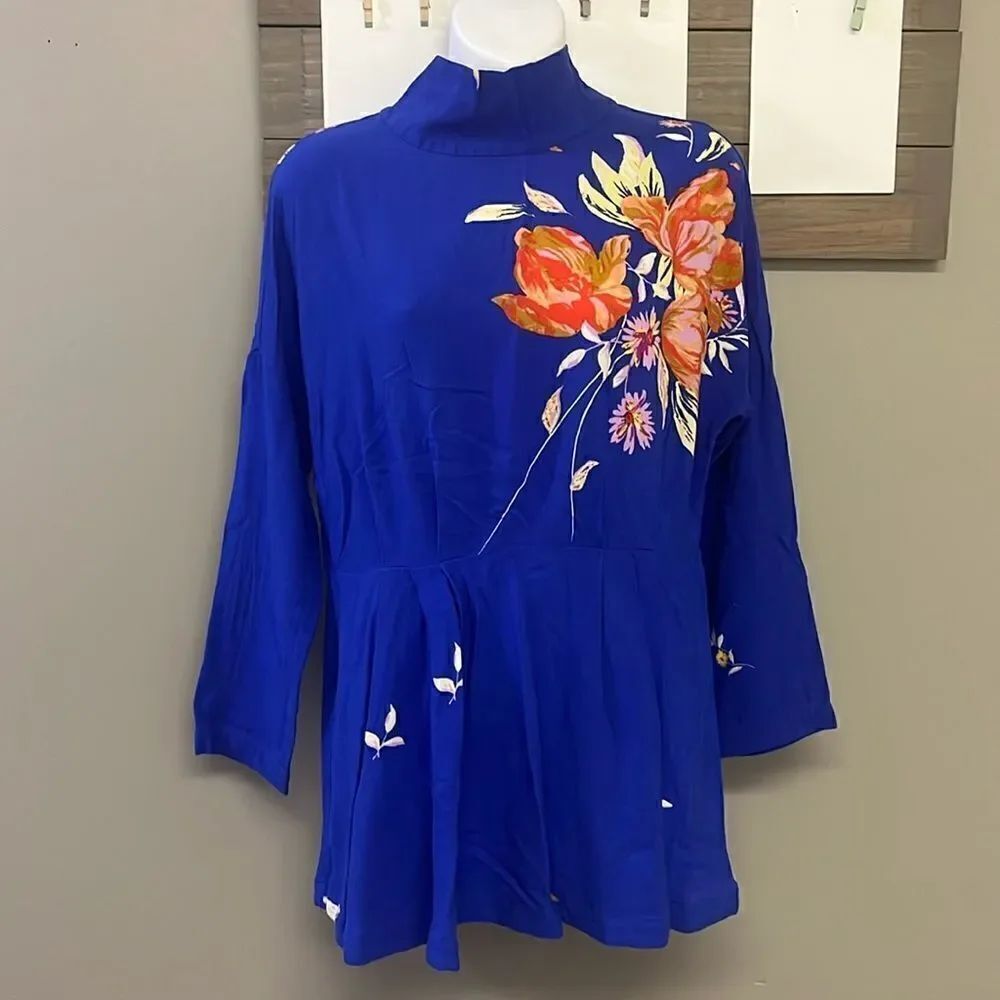 Free People Mock Neck Pullover Royal Blue Floral Drop Shoulder Top- Small